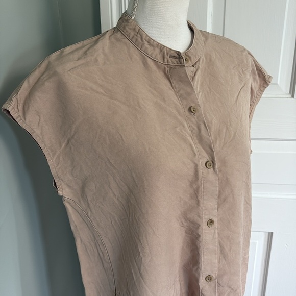 Eileen Fisher Linen Blend Mandarin Collar Shirtdress in Khaki Size Medium - Picture 2 of 7
